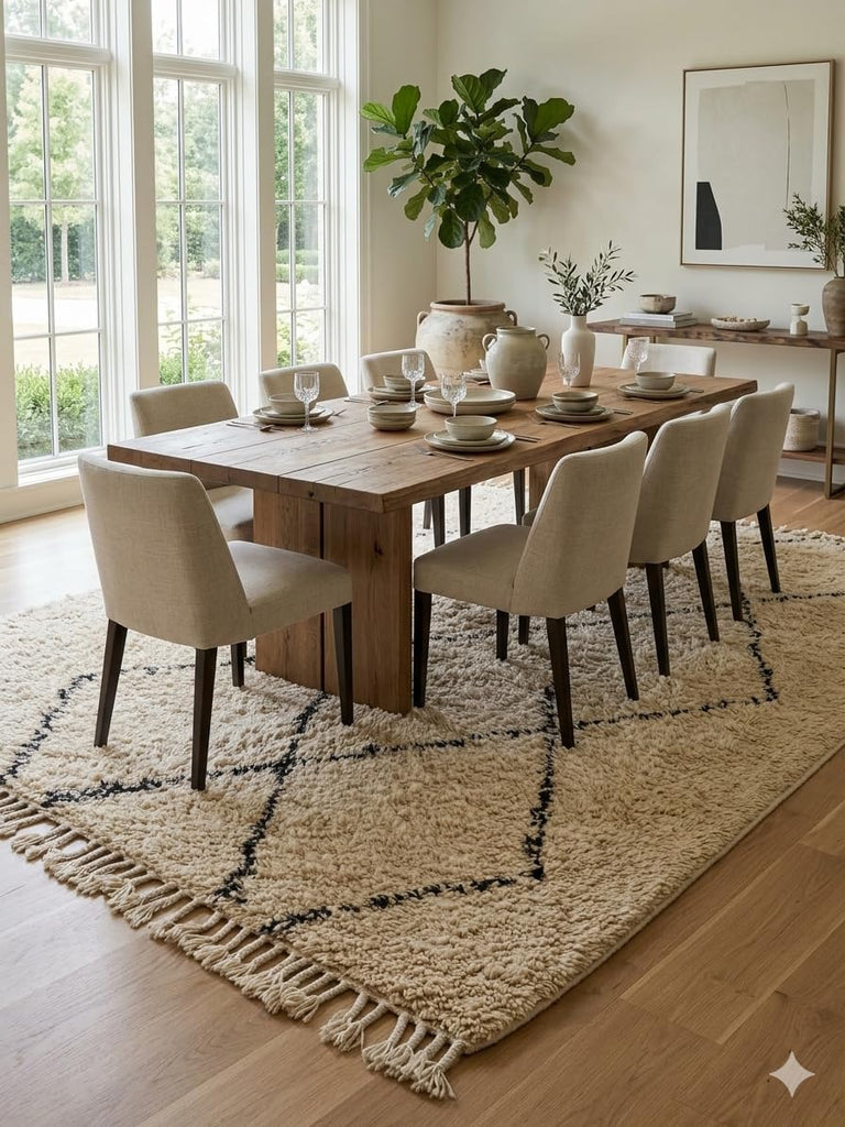 Wool Rug 6' x 9' - Handmade Berber Shag Area Rug, Beni Ourain Style, Ivory/Cream with Charcoal Ladder Diamond Pattern