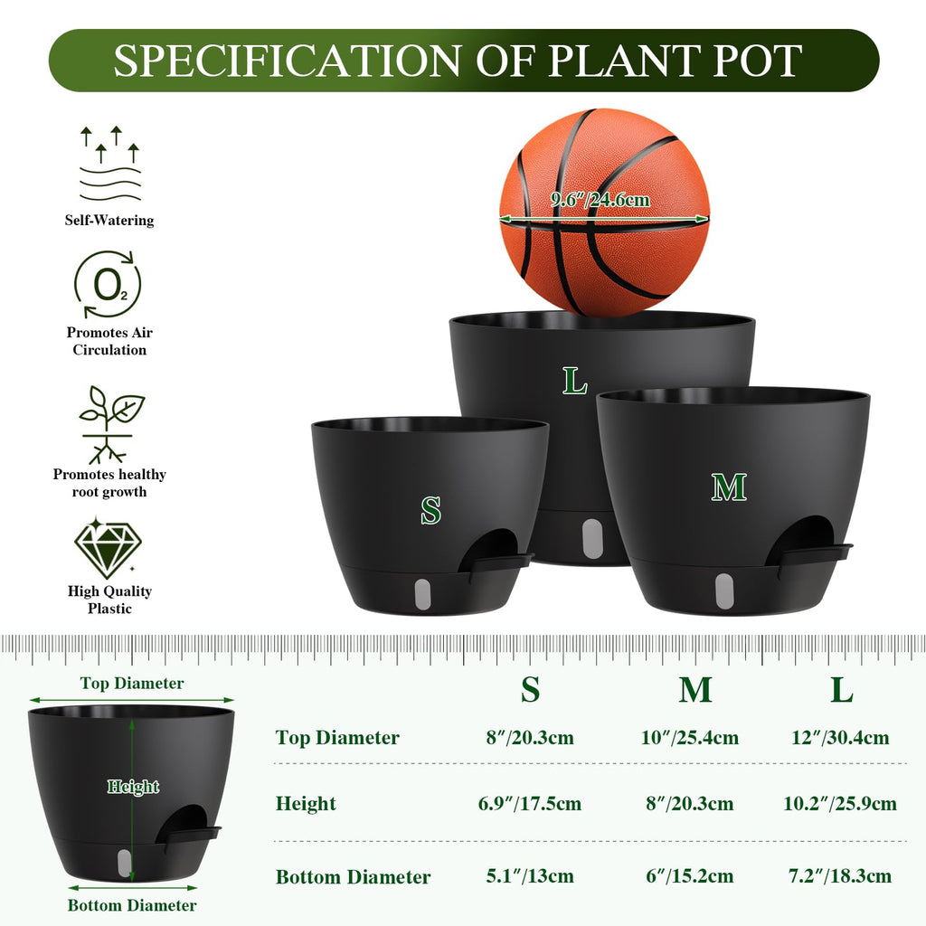 Self Watering Pots with Drainage Holes, 3 Pack 12/10/8 Inch Plant Pots with Water Level Indicator Deep Reservoir