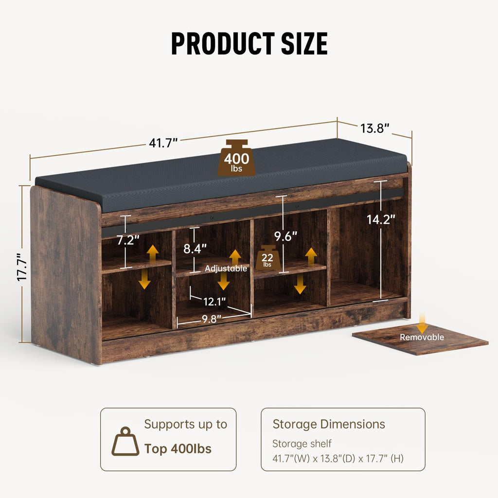 42" Farmhouse Shoe Storage Bench with Seating Cushion