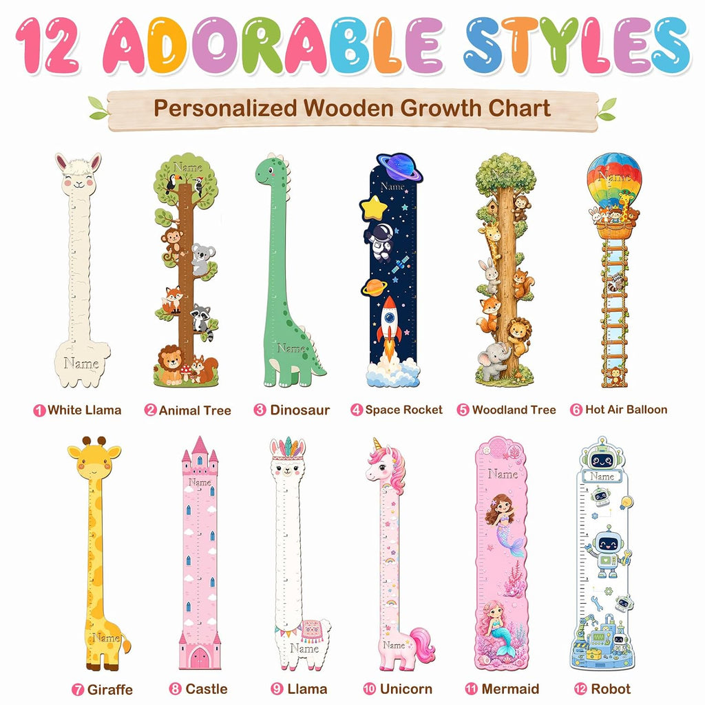 Personalized Wooden Growth Chart for Wall Custom Name Height Measurement Ruler for Kids Customized Animal Theme