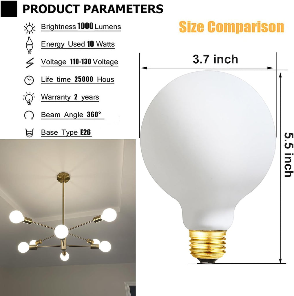 LED Light Bulb G30/G95 Dimmable Flick-Free Matt White 10W Soft White 3000k CRI95 1000LM, 100W Equivalent Vintage LED
