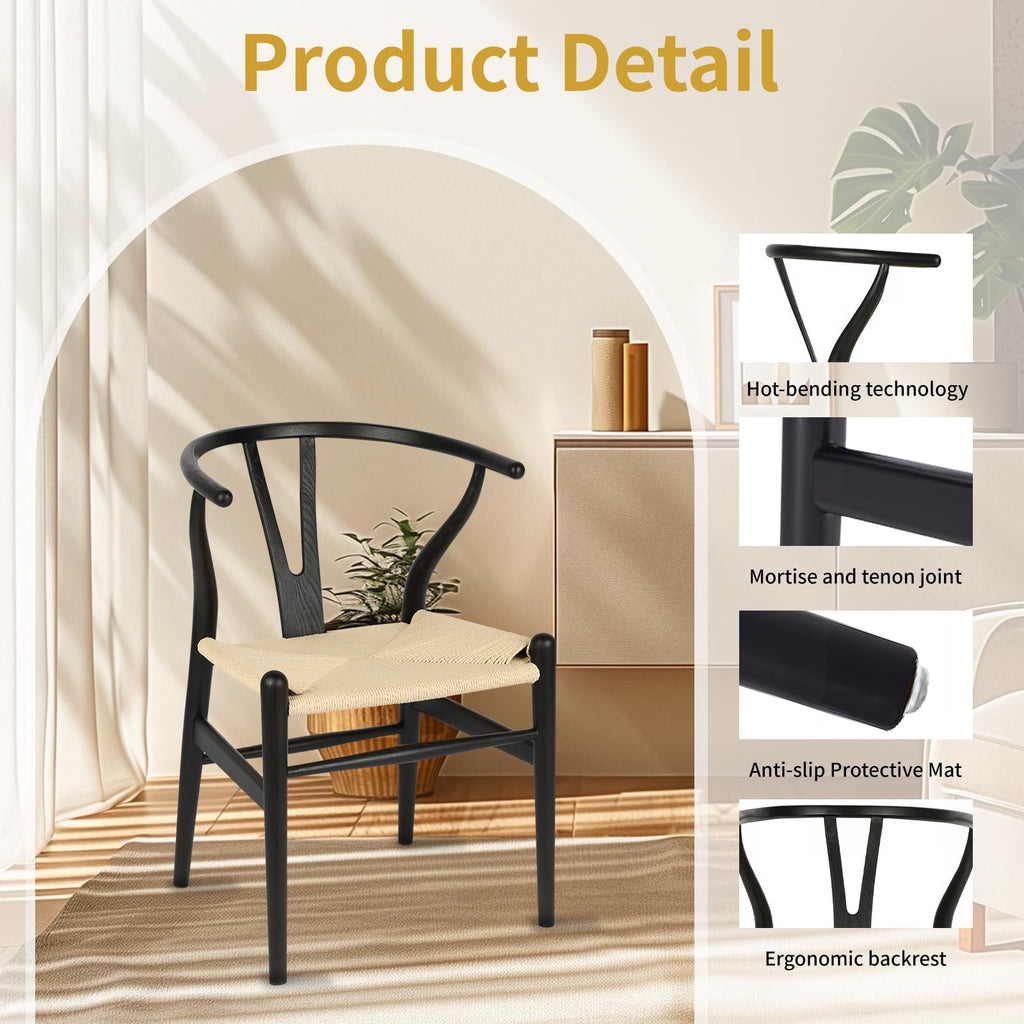 Wishbone Chairs Set of 2, Dining Chairs (Black Frame + Natural Cord)