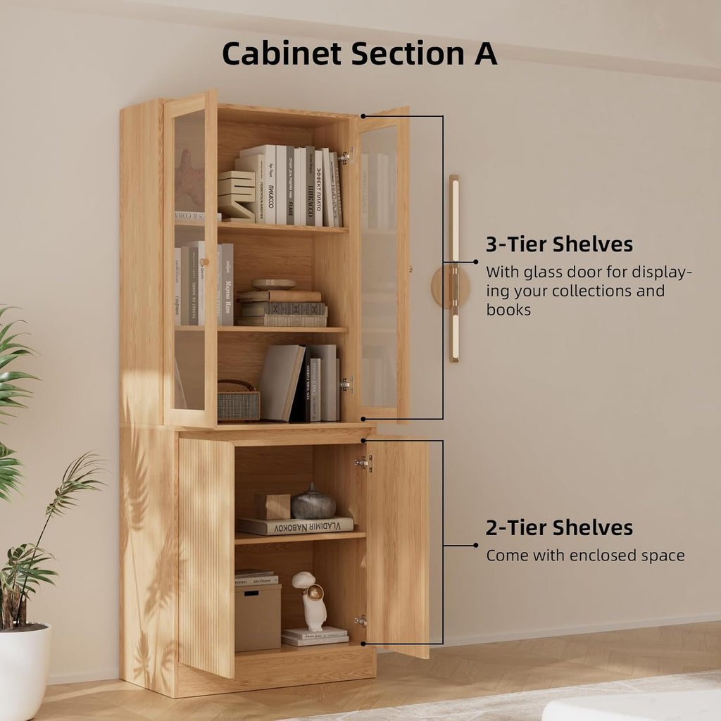 Tall Bookcase with Glass Doors and Drawers,71'' Wooden Bookshelf with Storage,Display Cabinet ,Set of 4 (Baab)