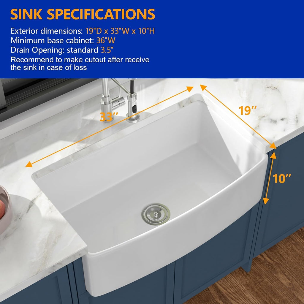 33 Inch Curved Farmhouse Sink, White Fireclay Apron Front Sink, Single Bowl Ceramic Farm Kitchen Sink with Smooth Arc