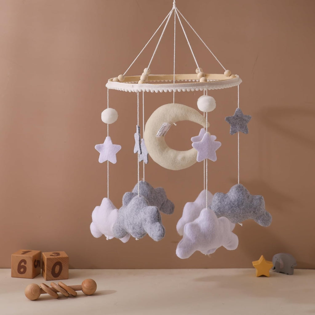 Nordic Boho Baby Crib Bell - Moon & Stars Felt Nursery Decor, Neutral Minimalist Baby Room Hanging Ornament, Modern