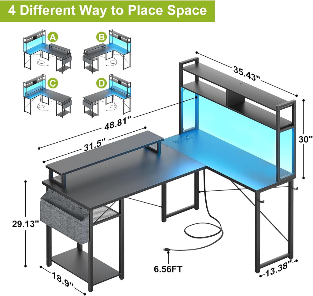 48" Small L Shaped Desk Gaming Desk with Power Outlets & Led Lights | Reversible L Shaped Computer Desk with Monitor