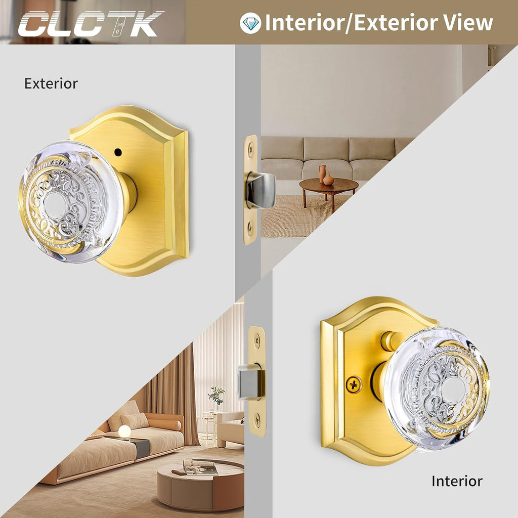 Crystal Glass Door Knob Interior with Lock, Privacy Gold Door Knob Bathroom, Satin Brass