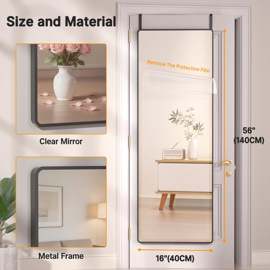 Door Mirror Full Length, 56 x 16 Inch Full Body Wall Mirror Over The Door Hanging Mirror, Cloakroom