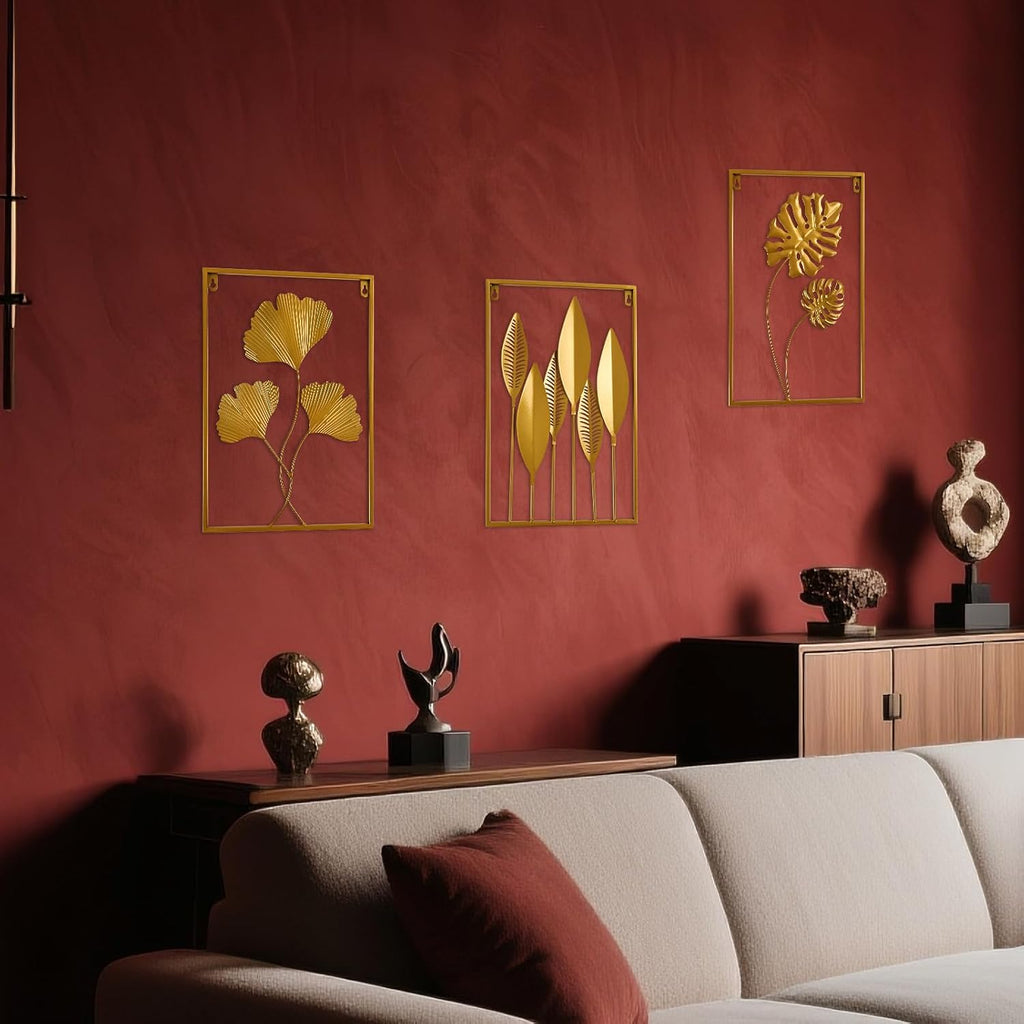 Metal Wall Art 3D Minimalist Tree Leaf Wall Sculpture Decor, Gold Framed Wall Art Bedroom Dining Room Office - Set of 3