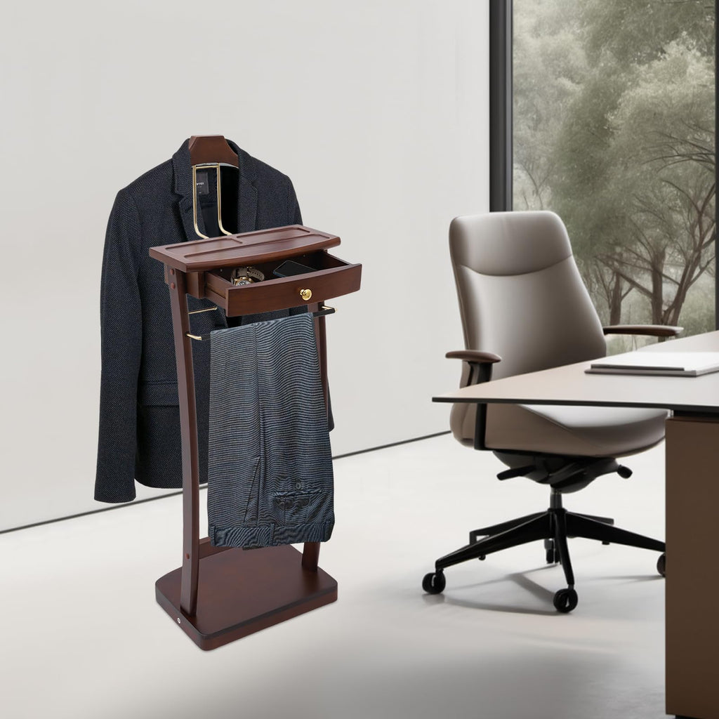 Suit Valet Stand Wood Valet Stand for Man, Wooden Clothing Valet Stand with Contour Hanger, Drawer, Trouser Bar, Tie