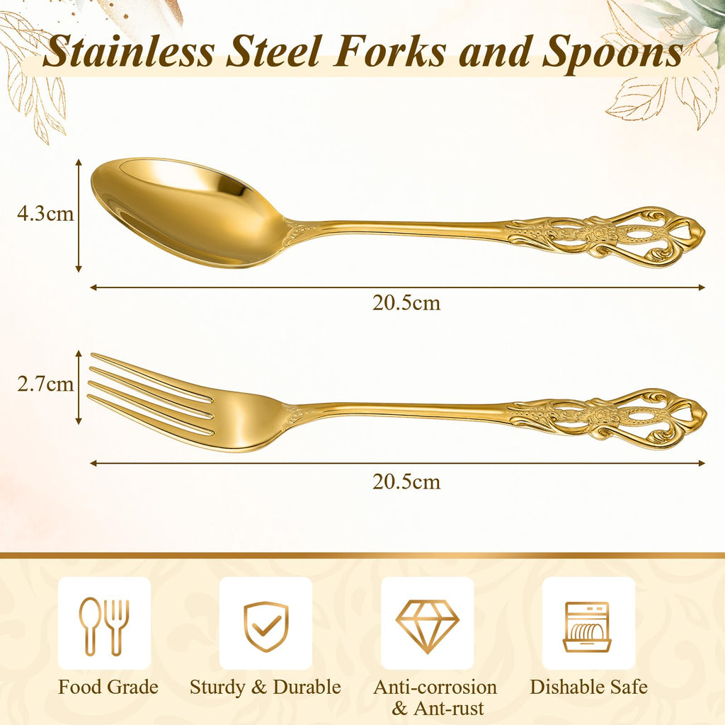 100 Pcs Retro Gold Silverware Set Heavy Duty, Dinner Fork and Spoon
