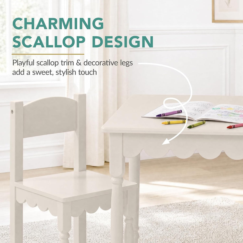 Kids Table and Chair Set for Toddlers, Solid Wood Activity Table and Chairs, Scalloped Edge Design, Sturdy 100 lb