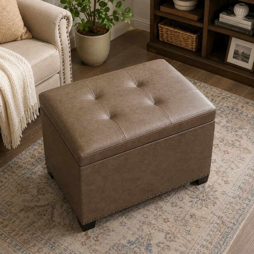 22" Storage Ottoman Coffee Table with Flip Top Tray, Tufted Faux Leather Footrest Stool with Nailhead Trim, Large