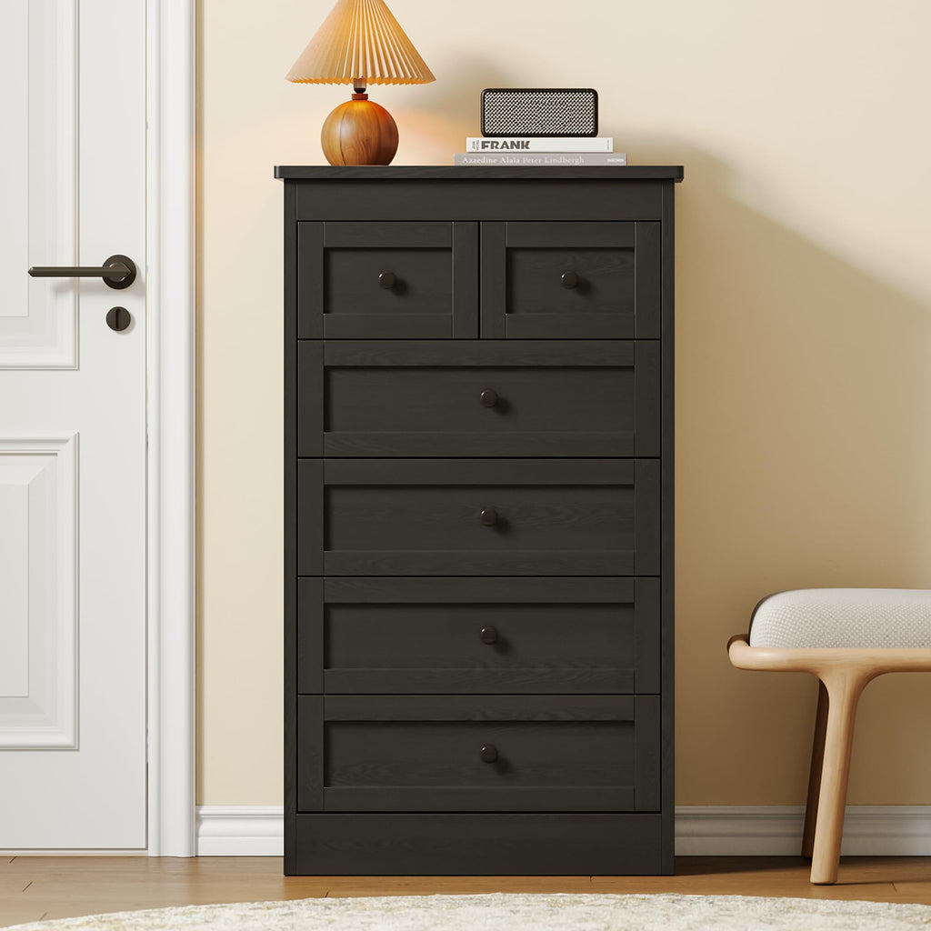 Tall 6 Drawer Dresser, Black Modern 43.3'' Tall Wood Chest of Drawers, Storage Organizer with Smooth Metal Rails &