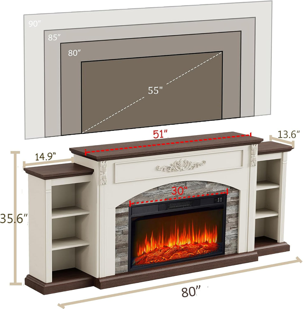 80" Electric Fireplace with Mantel, Fireplace TV Stand for TVs Up to 90 Inch,30" Fire Place Insert Heater for Living