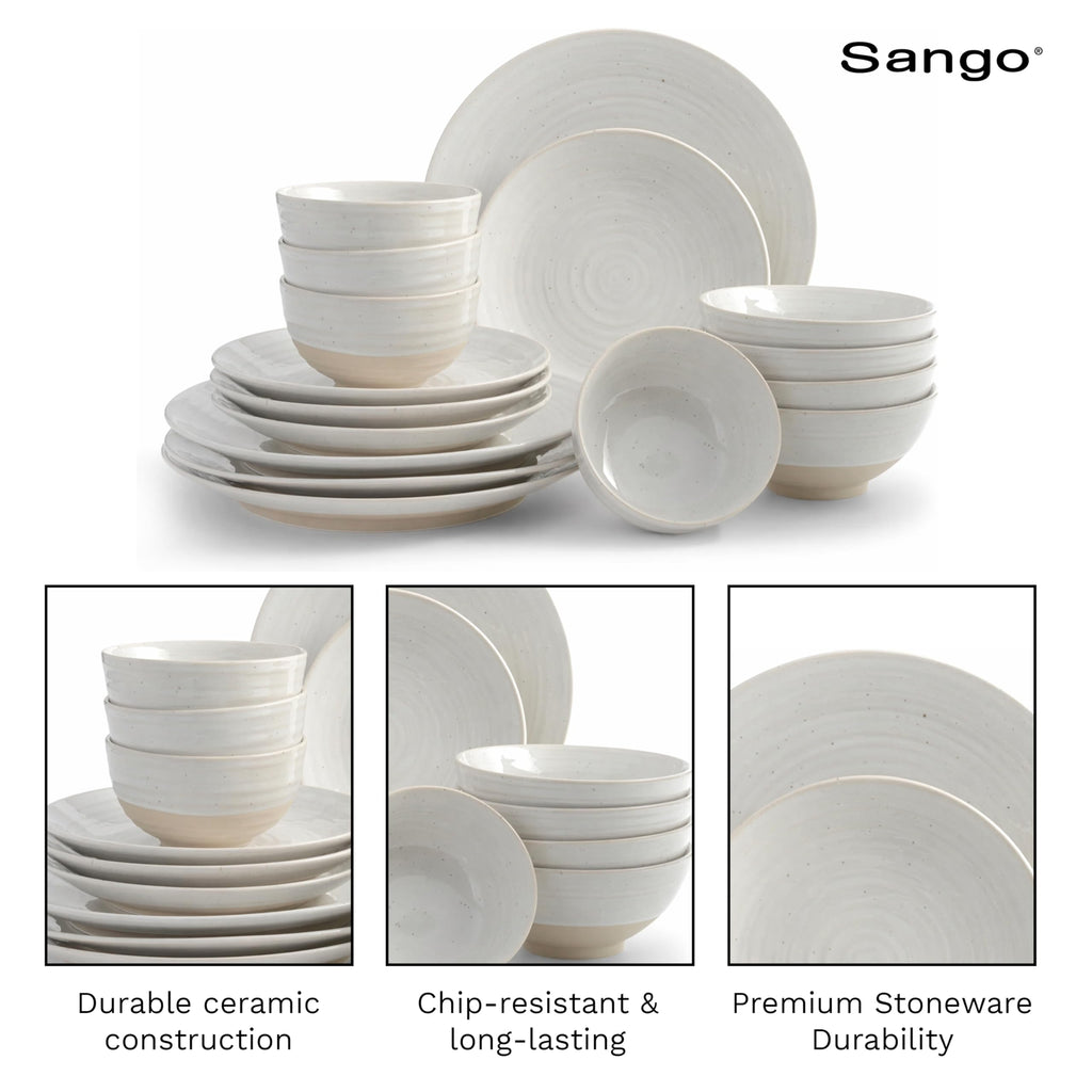 Siterra 16-Piece Rustic White Stoneware Dinnerware Set - Service for 4, White with Glossy Speckle Overlay