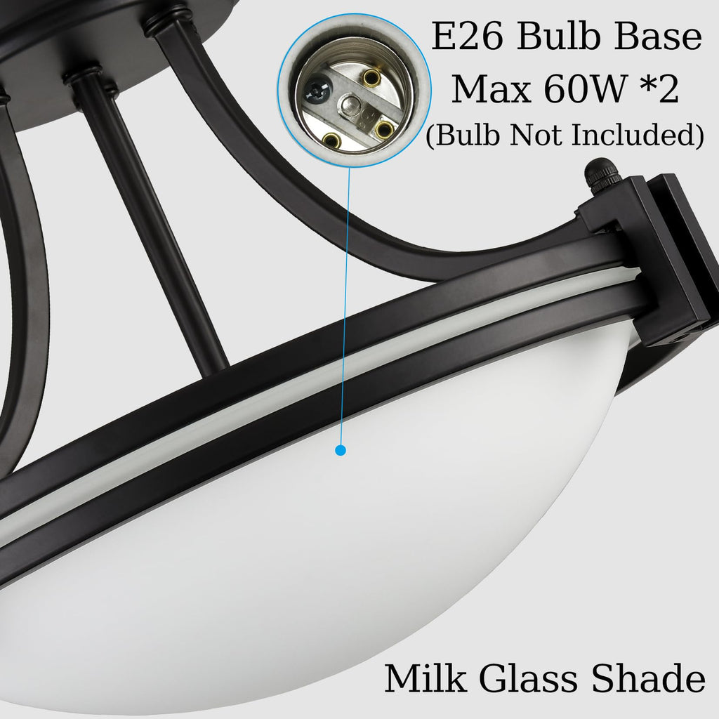 Modern Black Semi Flush Mount Ceiling Light with Milk Glass 12"