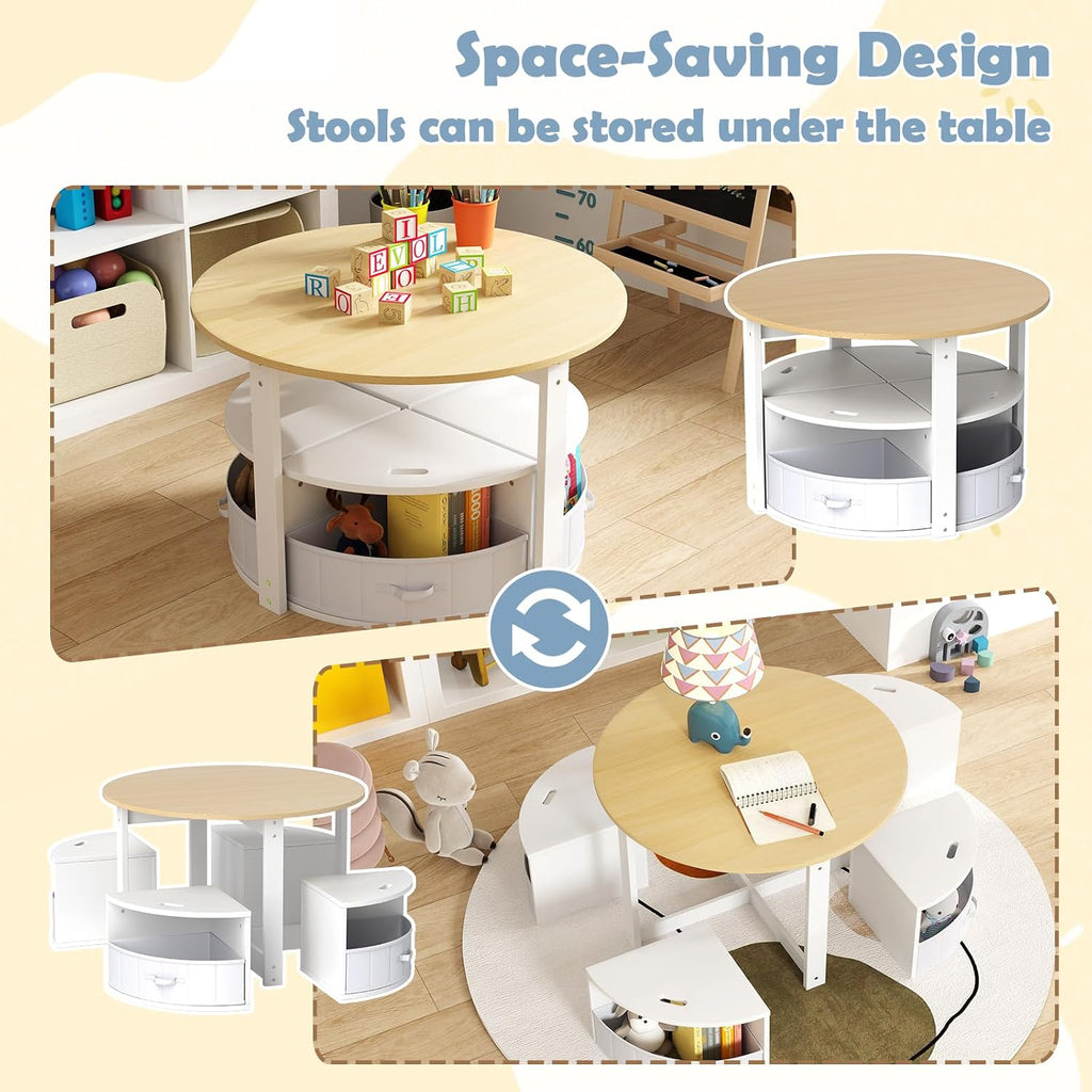 Kids Table & Chair Set, Wooden Activity Center with 4 Storage Stools, Round Nesting Desk for Art Craft Reading
