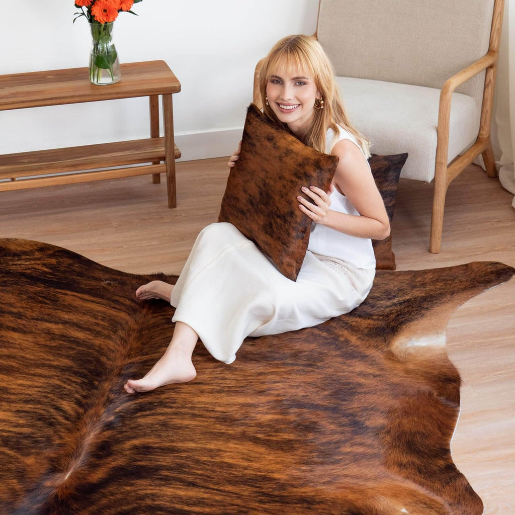 100% Genuine Brazilian Cowhide Rug - Brindle - Luxury Cowskin Leather Area Rug Décor 7 x 6 feet