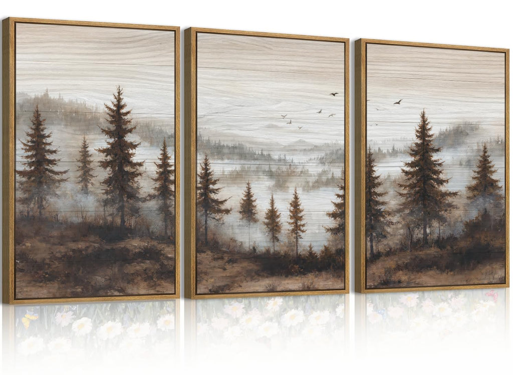 Large Foggy Pine Tree Mountain Framed Canvas Wall Art Set-16"x24"x3