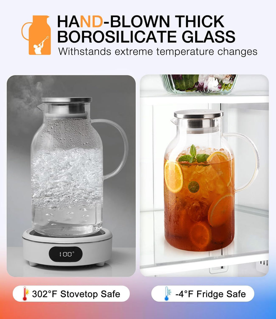 LUNA&MANTHA 1 Gallon Glass Pitcher with Lid and Spout, 128oz Water Pitcher with Handle for Fridge, Large Iced Tea Jug