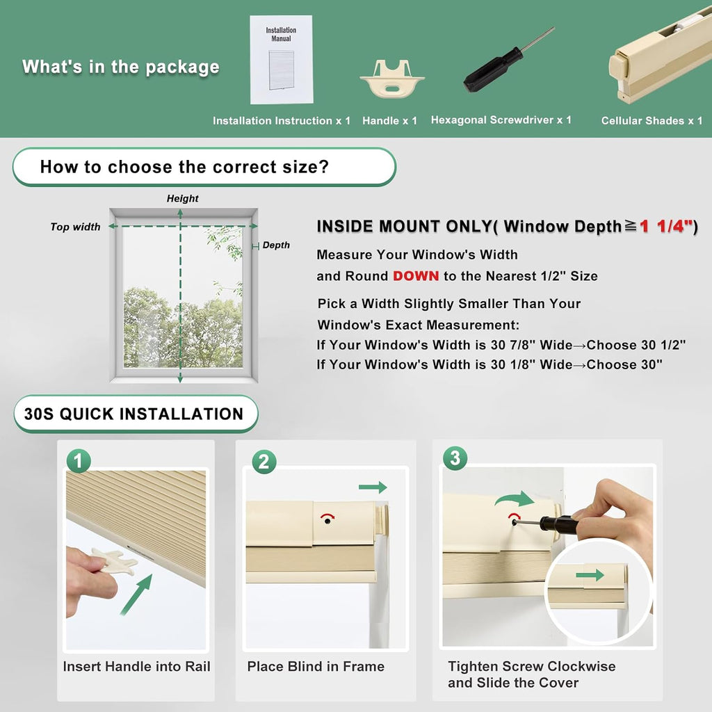 No Drill Cellular Shades for Indoor Windows, Thermal Insulating & Noise Reducing Honeycomb Blinds, Cordless Free Stop