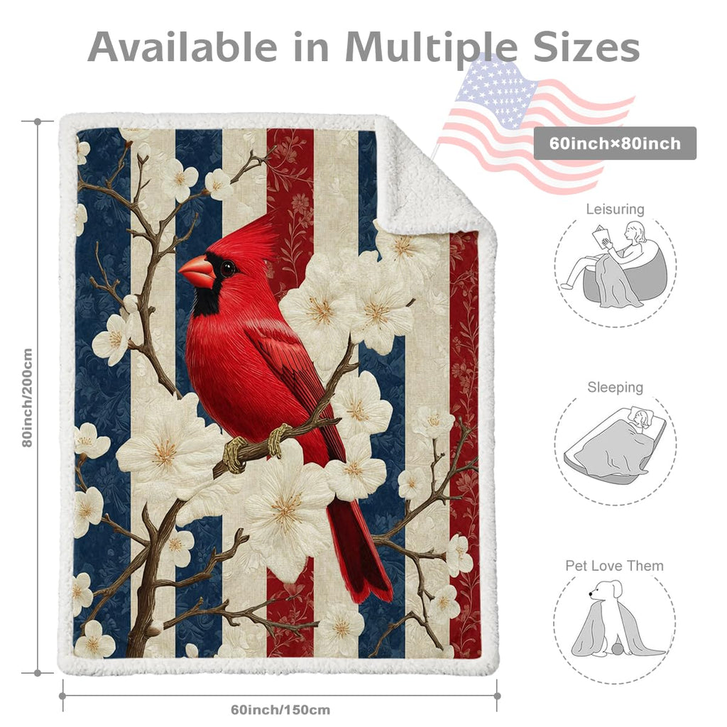Cardinal Bird Sherpa Blanket with American Flag Stripe and White Blossom Design, Memorial Sympathy Gift Throw for