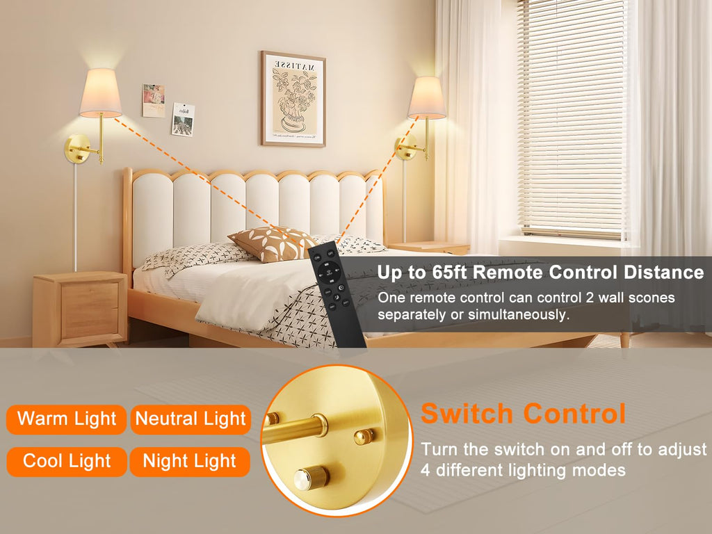 Wall Sconces Set of Two with Remote Control, Dimmable, Adjustable Colors 2700-6500K, Plug in Wall Sconces with White