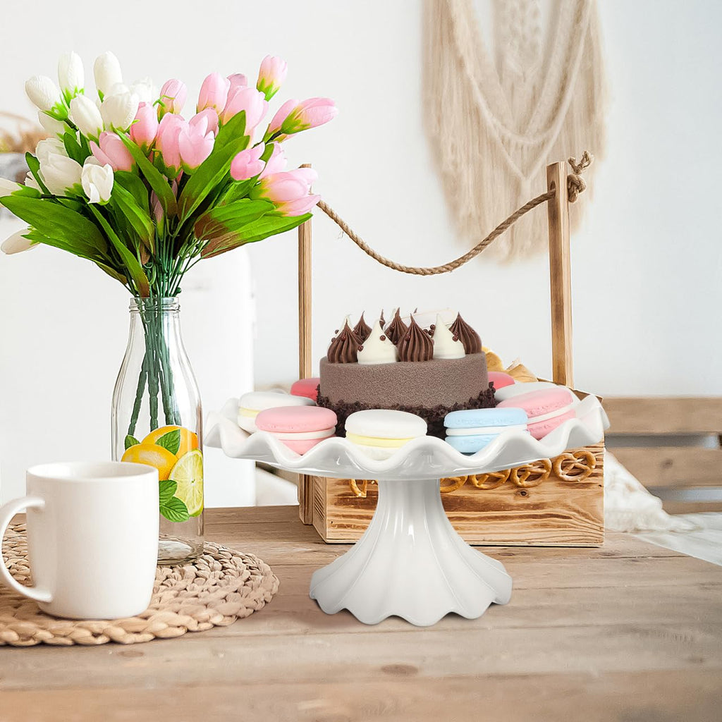Ceramic Cake Stand 9.45 Inch Wavy Edge Pedestal Cupcake Stand for Parties Weddings Birthdays Elegant Ceramic Serving