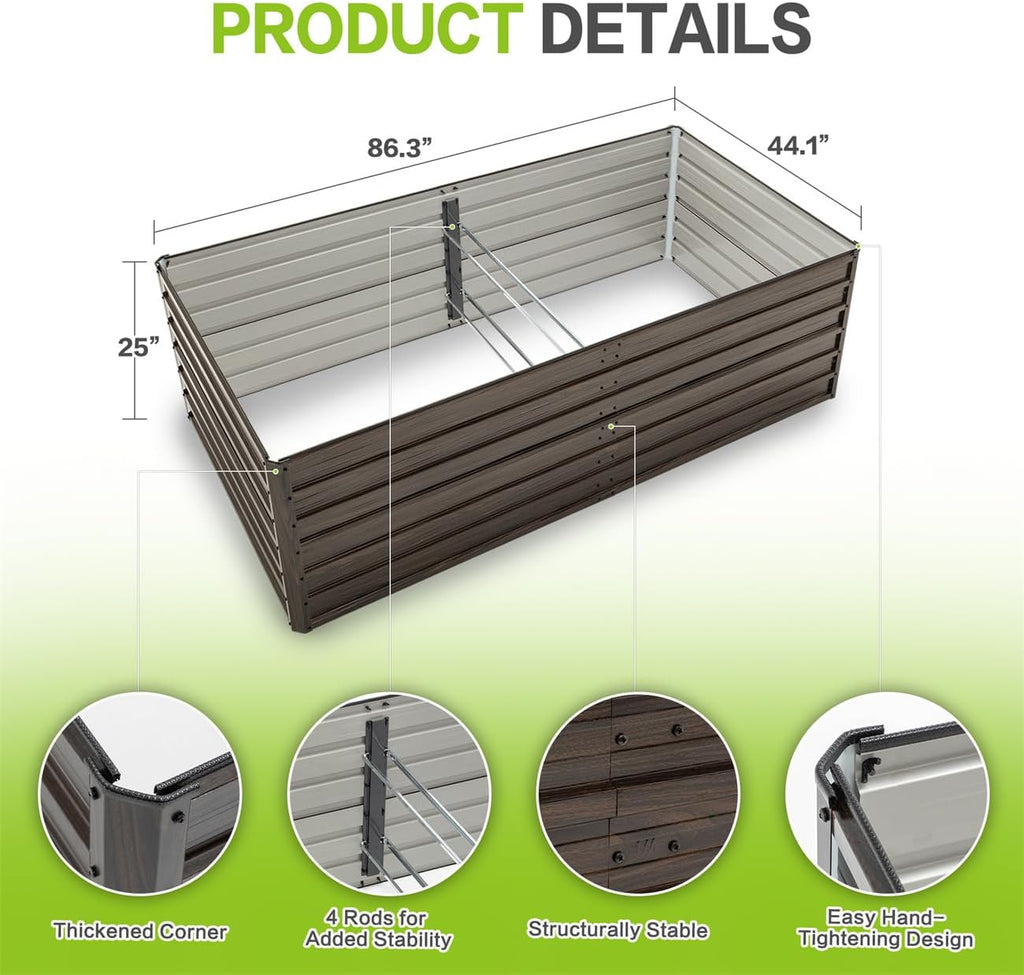 8x4x2 FT Galvanized Metal Raised Garden Bed Kit with Woodgrain Finish, Large Open-Bottom Outdoor Planter Box for