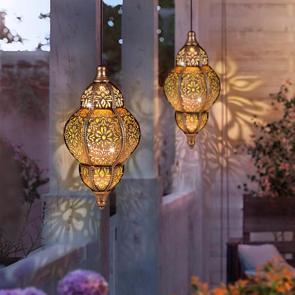 Hanging Solar Lantern Outdoor Decor 2Pack, 9.5In Moroccan LED Lights for Outside Garden Decorations, Waterproof Solar