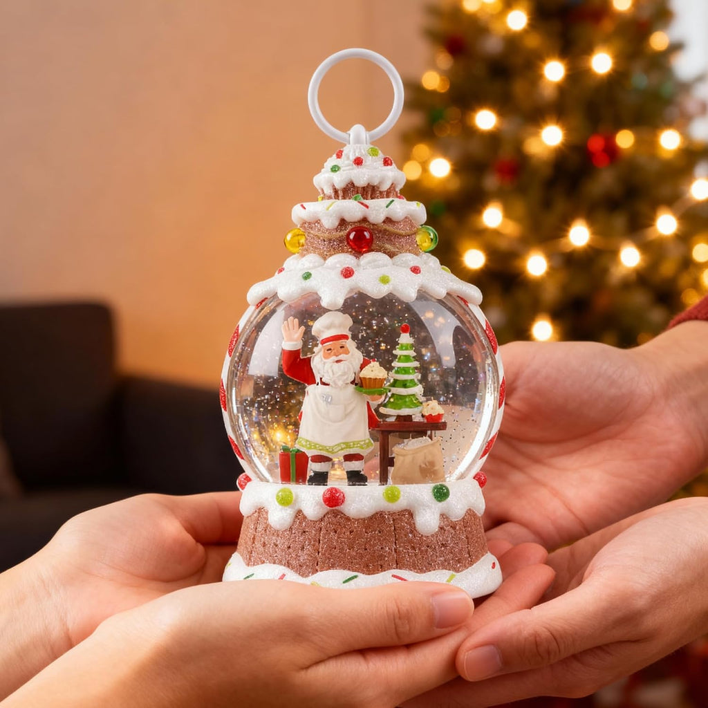 9" Lighted Musical Snow Globe Lantern, Gingerbread Santa Baker with Swirling Glitter, Cupcake Christmas Tree, USB