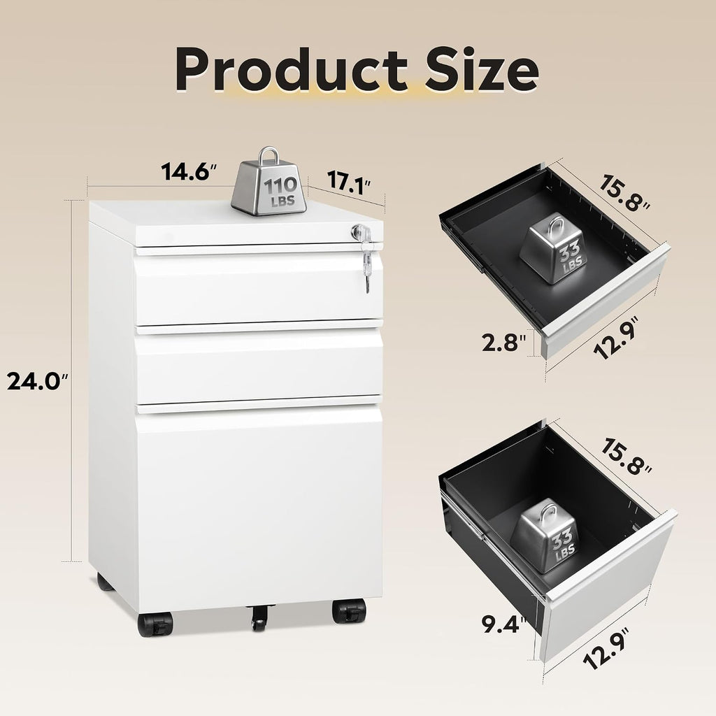 3 Drawer Mobile File Cabinet, Fully Assembled Except Casters | Under Desk Metal Filing Cabinet with Lock , Fits