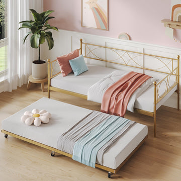 Metal Twin daybed with Trundle with Steel Slat Support