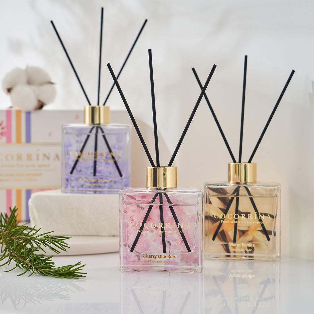 Reed Diffuser Set of 3-3 Pack/ 3.04 Fl.oz Diffuser with 24 Sticks Warm Vanilla/Cherry Blossom/Lavender Thyme Reed