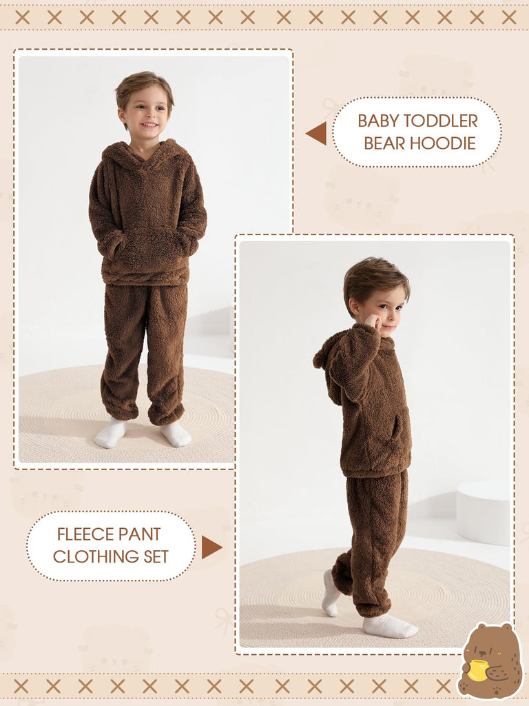 Toddler Baby Fleece Set Bear Hoodie with Ears Fuzzy Winter Sweatsuit Warm Hooded Sweatshirt & Sweatpants for Boys