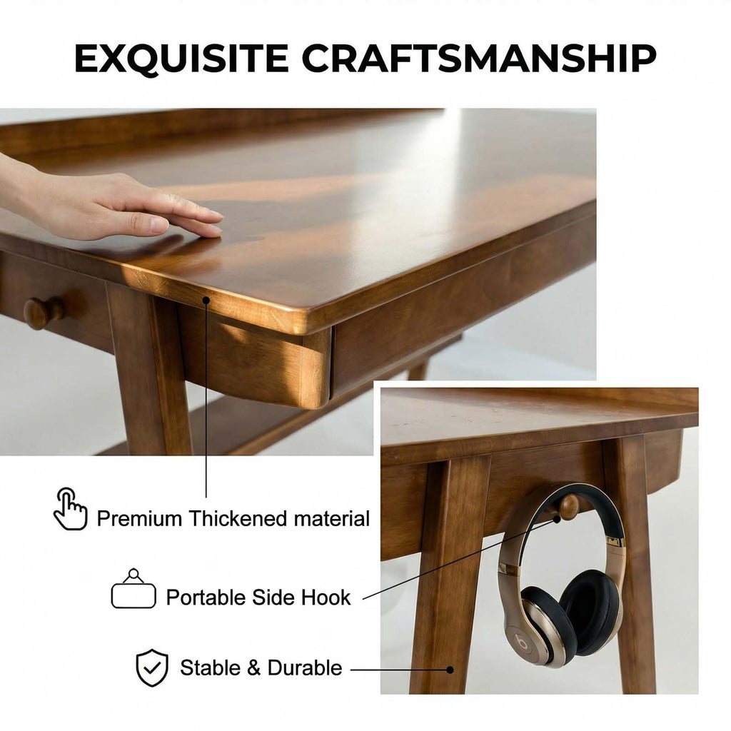 Solid Wood Writing Desk with Drawers, 47" Mid-Century Modern Walnut Desk with Storage Shelf and Side Hooks, Home