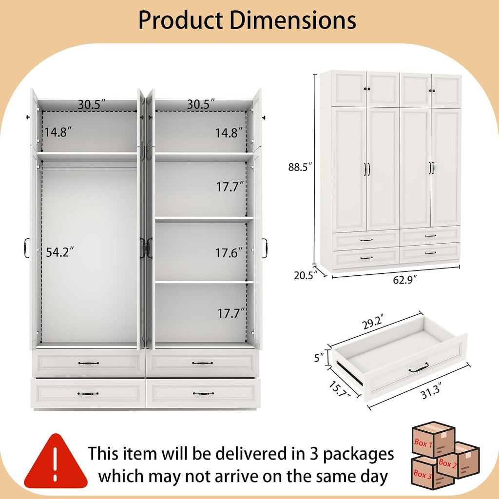 Armoire Wardrobe Closet with Drawers: 31.5" Large Wood Wardrobe Closet with 2 Doors and 2 Drawers, Modern Clothes