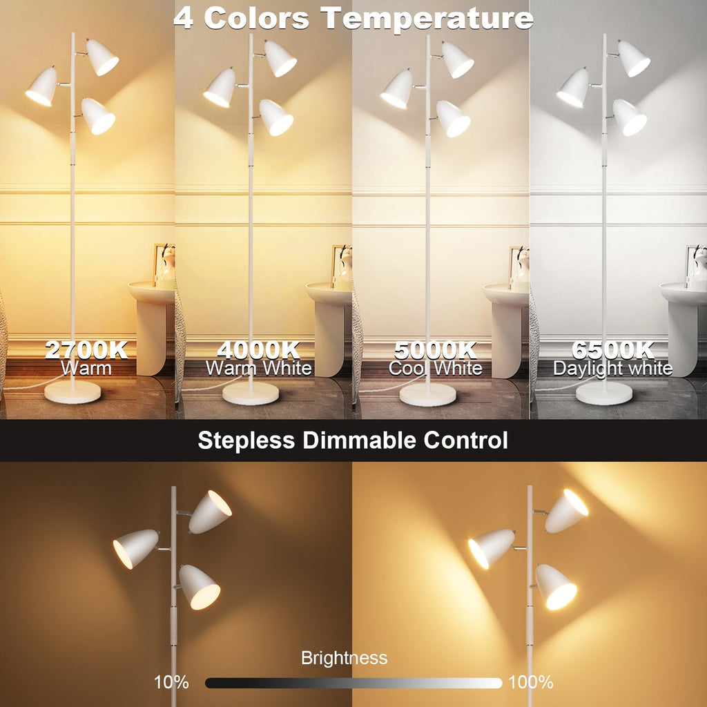 36W LED Floor Lamp, Modern White 3-Light Tree Standing Lamp