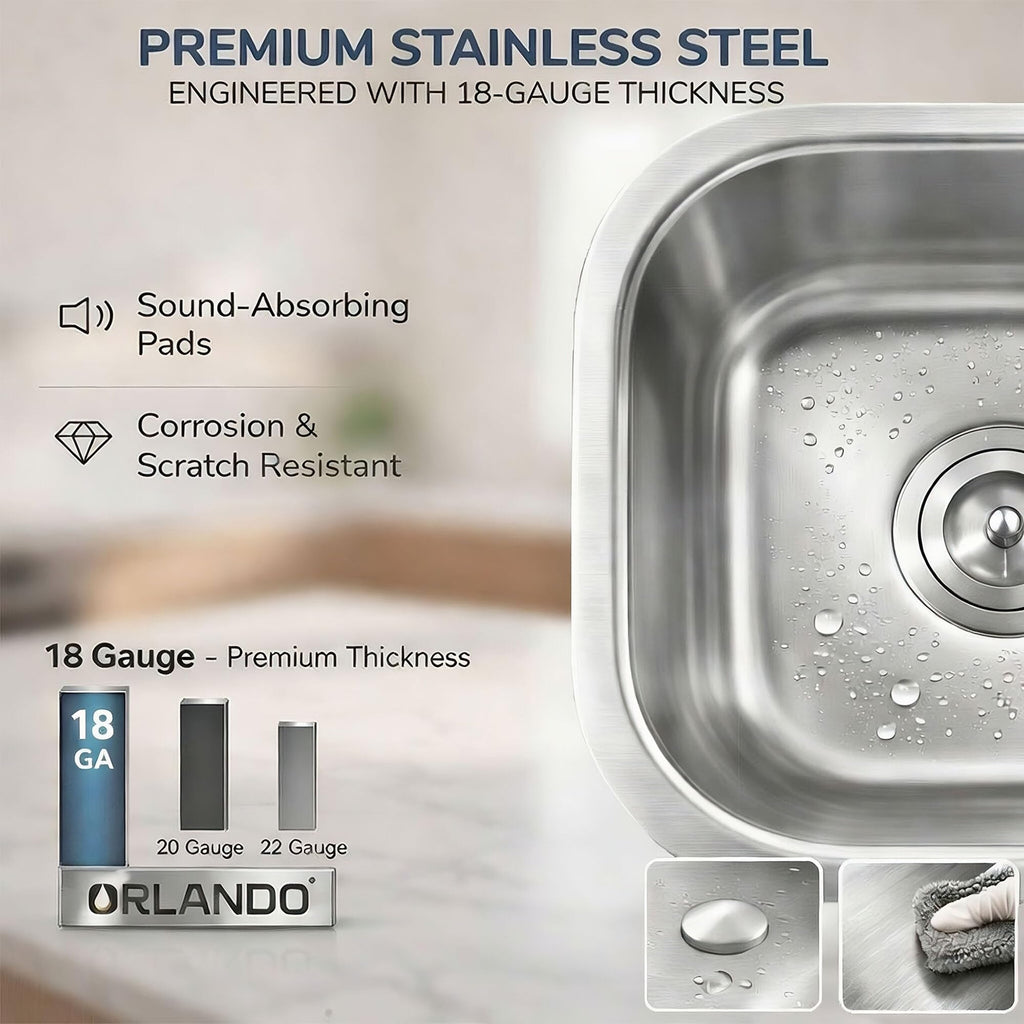 18x16 Inch Undermount Kitchen Sink - 18 Gauge Stainless Steel Single Bowl Prep Sink for Compact Kitchen Sink &