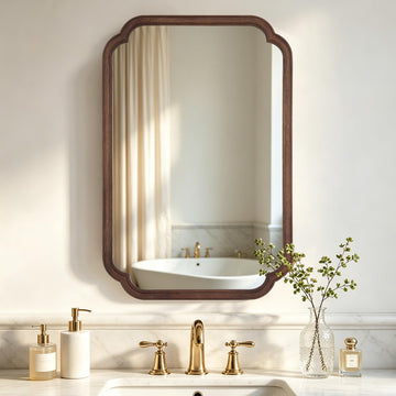 Wood Bathroom Mirror for Wall Decor Arched Rounded Corner Rustic Wood Frame Wall Mirror Home Decorative for Vanity