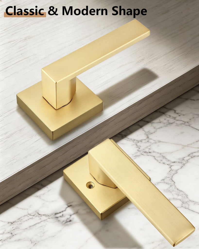Interior Non-Locking Passage Door Handles 8 Pack, Gold Square Zinc Alloy Door Levers for Closet Hallway