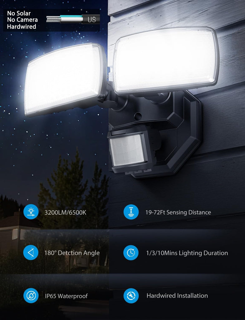 32W 2 Head Motion Sensor Outdoor Lights, 3200LM 6500K Hardwired LED Security Light, Dusk to Dawn, Motion Detector