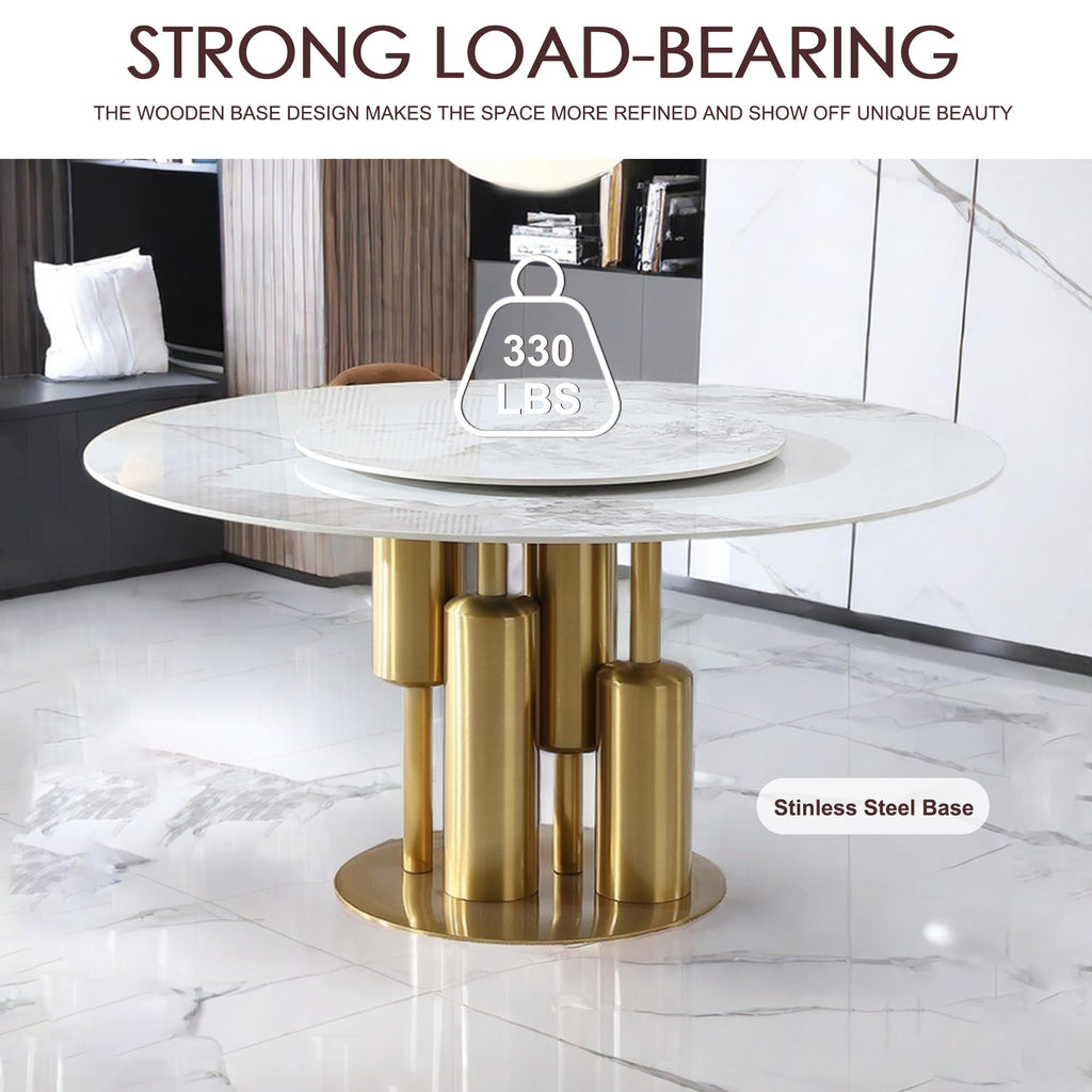 Marble Dining Table, 59" D Round Sintered Stone Tabletop with 31.5" D Removable Turntable, Luxurious Dining Room