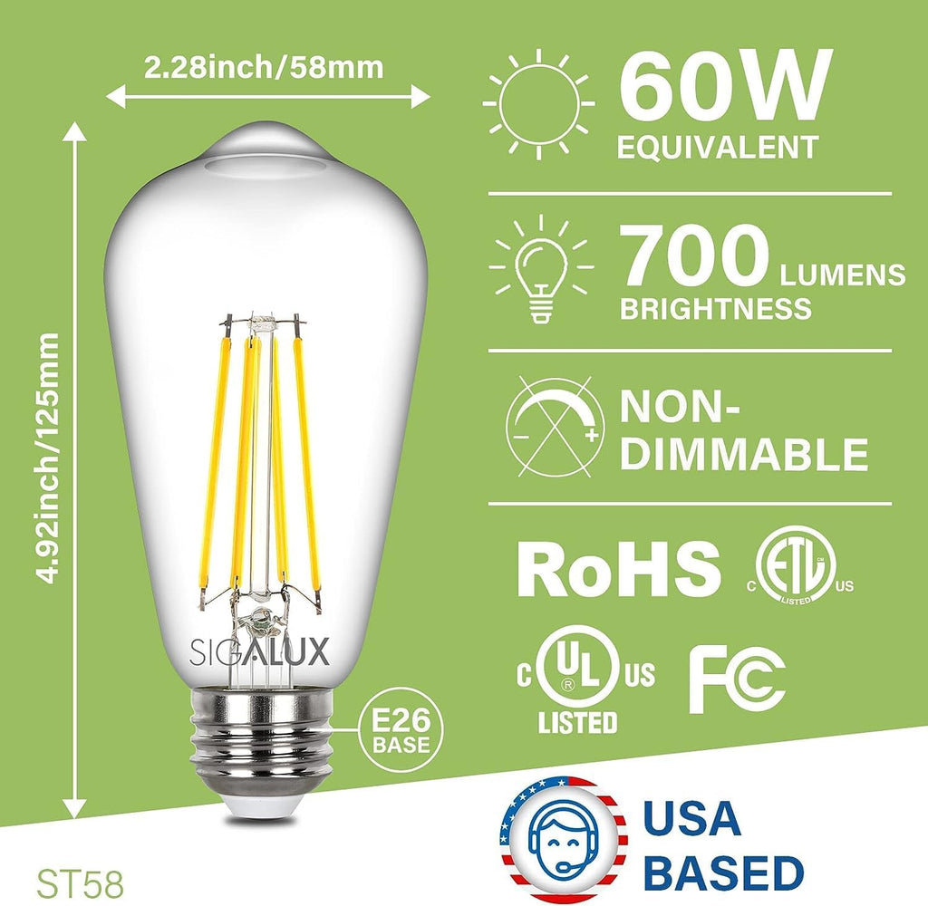 Edison Bulbs, E26 LED Bulb ST58 Filament Clear Non-Dimmable Vintage Light Bulbs 60W Equivalent 700LM Daylight White