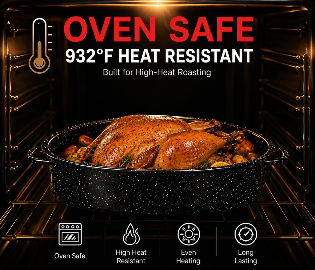 13 Inch Enamel Roasting Pan with Lid & Rack, Oven & Dishwasher Safe Turkey Roaster, 932°F Heat Resistant, Includes