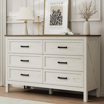 Farmhouse 6 Drawers, Wood Rustic Wide Chest of Drawers with Deep Drawers, Metal Handle, Storage Dressers Organizer