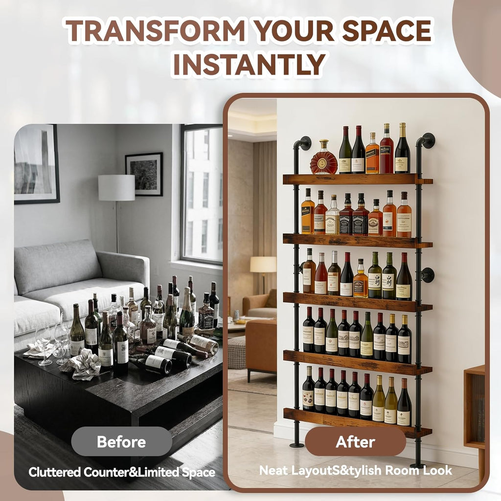 5-Tier Wall Mounted Wine Rack, Industrial Pipe Floating Bar Shelves, Liquor Bottle Display Shelf Holds 40+ Bottles