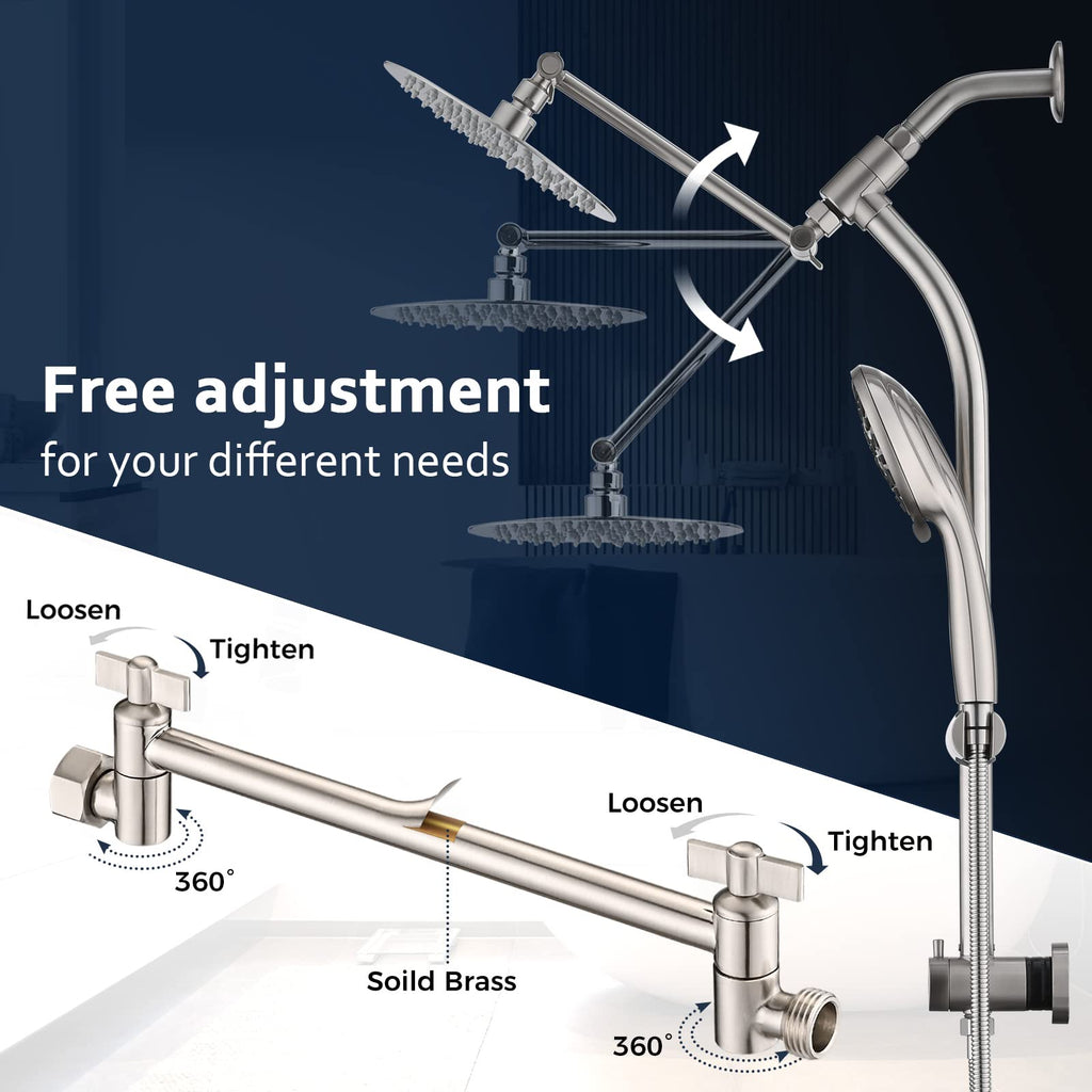 Rainfall 8 Inch Round Shower Head with High Pressure Handheld Spray Combo, Drill-Free Slide Bar with Adjustable