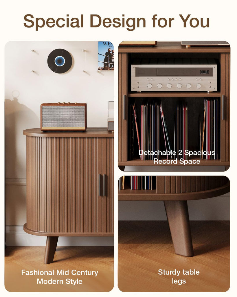 Record Player Stand, Midcentury Modern Furniture Turntable Stand with Sliding Doors, Audio-Video Shelving Cabinet